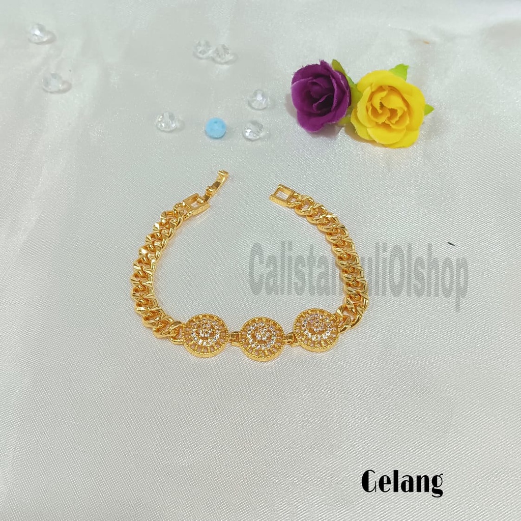 GELANG+CINCIN 3 BULAT BUNGA PERMATA SUPEL ELEGAN PERHIASAN EMAS KOREA ANTI KARAT DAN ANTI LUNTUR