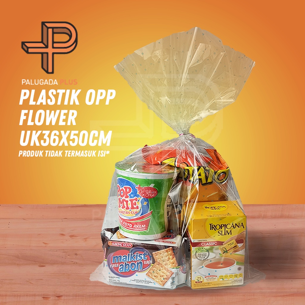 

(36x50) PLASTIK OPP HAMPERS GOODIE BAG SOUVENIR FLOWER 36x50cm / PLASTIK ULTAH / PLASTIK TOPLES + PITA ISI 12 LEMBAR