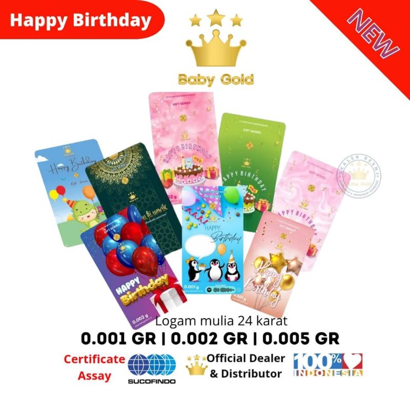 BABY GOLD HAPPY BIRTH DAY Gift Series 0.001 gram / 0.002 gram. Logam Mulia 24K. Emas Mini. Souvenir Gift