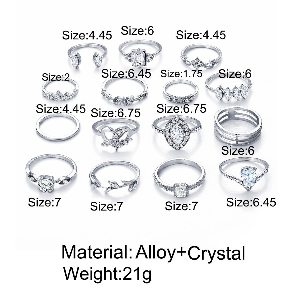 ROW 15PCS Party Rings Set Women Hollow Heart Boho Finger Ring Fashion Jewelry Silver Color Elegant Statement Crystal Leaves Flower