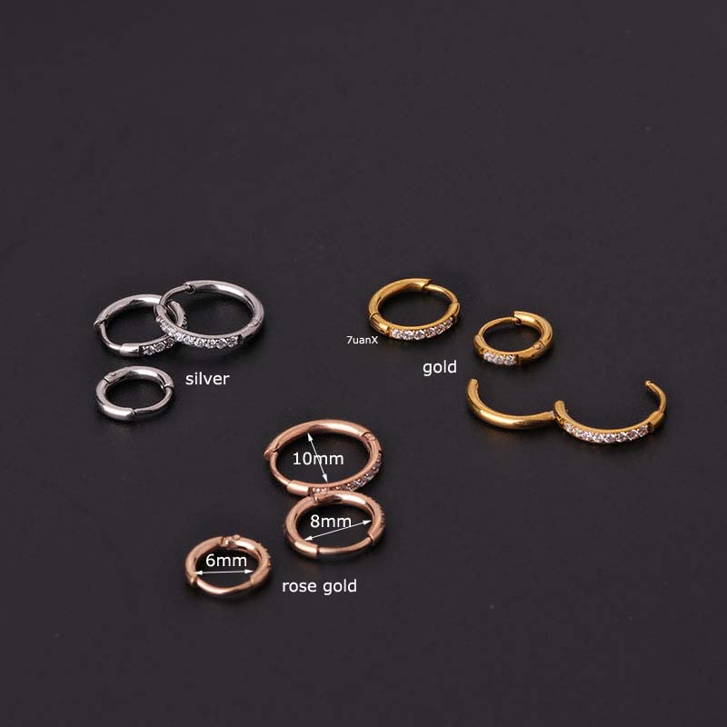 1pc Anting Hoop Bahan Stainless Steel Dengan Zircon Ukuran 6 / 8 / 10mm