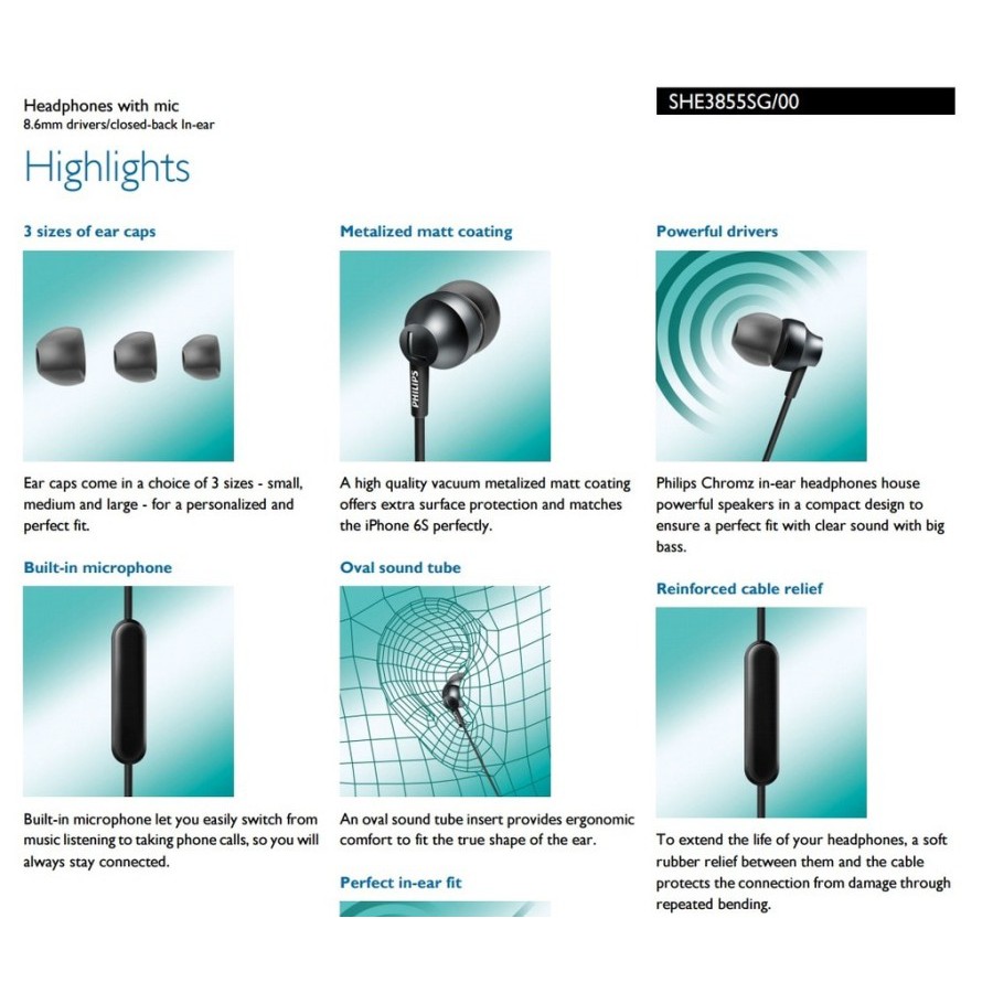 Philips SHE3855 Stereo Earphone with Mic Headset Headphone SHE 3855
