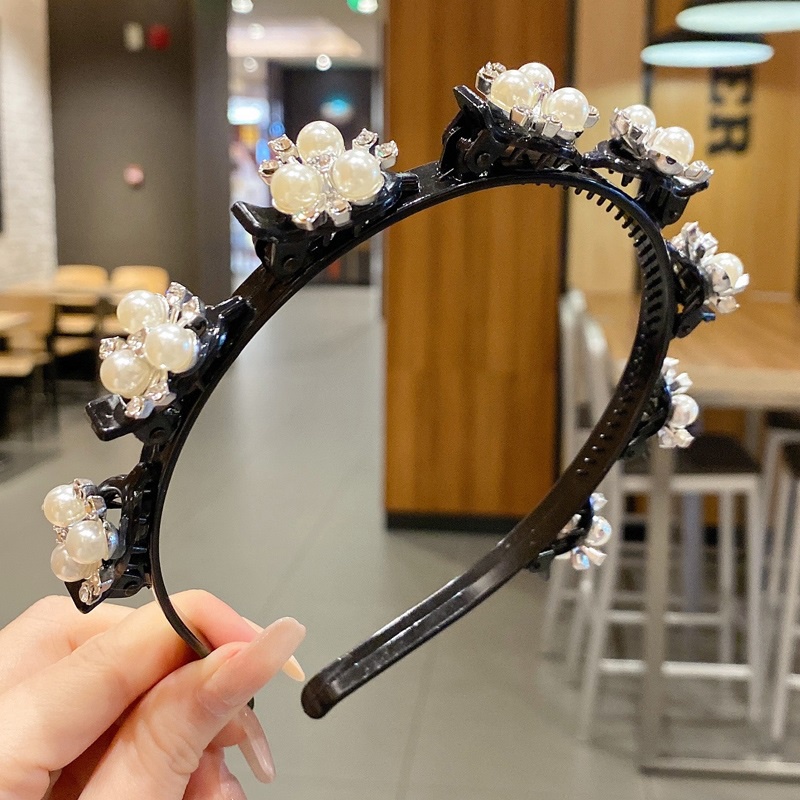 Korean Pearl Headband Bangs Hairstyle Multi-layer Hollow Woven Headband with Tooth Design Alligator Clip Retro Hairband Face Washing Headdress