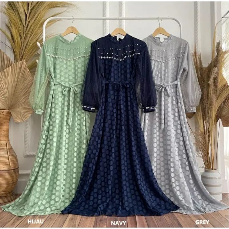 Gamis Ozias Laila Polkadot mutiara Dress seragaman bridgermaid / Dress Lebaran  kondangan mewah