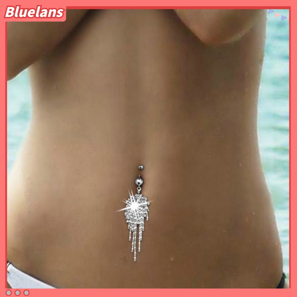 Bluelans Women Rhinestone Tassel Long Chain Dangle Navel Bar Button Belly Ring Jewelry