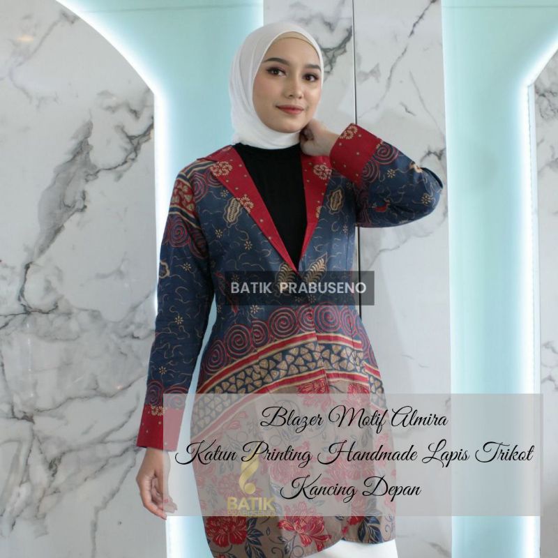 Almira Original Bstik Prabuseno Atasan Blazer Wanita Formal Modern Bahan Katun Printing Lapis Trikot