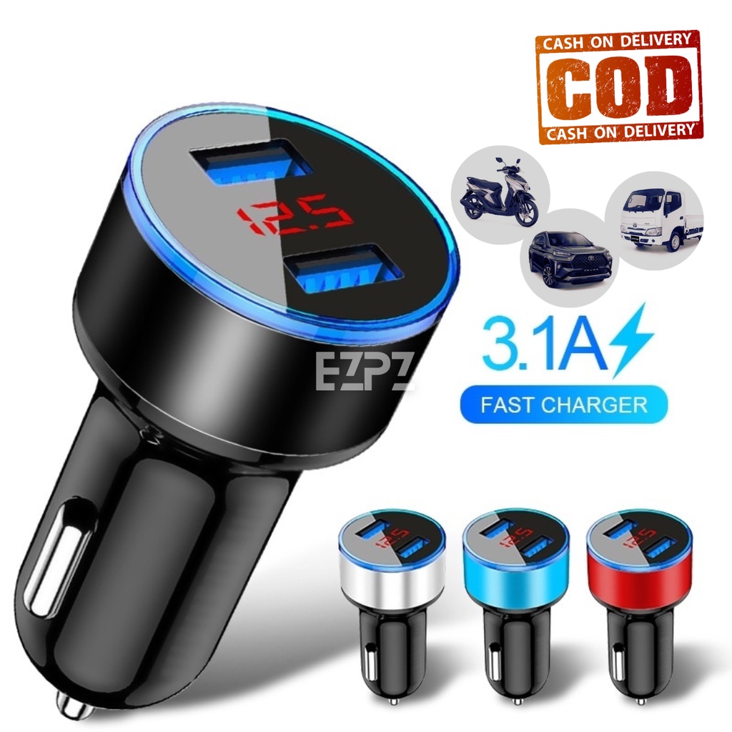 EZPZ Charger Mobil Charger Motor 2 Ports 3.1A 12V-24V Output Fast Charging LED Display Voltmeter