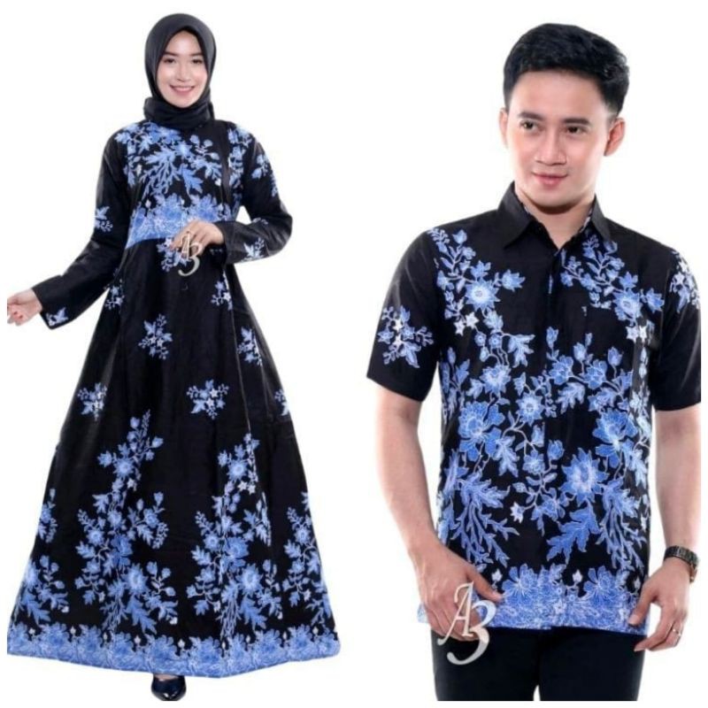 Batik Couple Keluarga Modern Sania Ruffle Ori Ndoro Jowi Dnt Motif cibulan biru-Couple hem