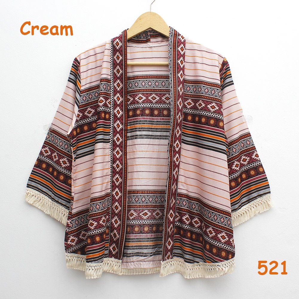 𝑱𝒂𝒌𝒂𝒓𝒕𝒂𝑭𝒂𝒔𝒉𝒊𝒐𝒏 cardigan outer batik tribal katun adem rumbai sisir keliling bohemian etnik boho styleO-521 cream