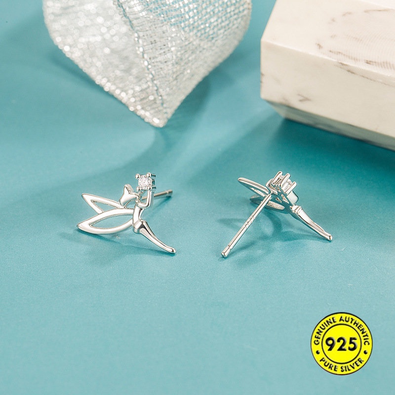 Anting Tusuk Sterling Silver 925 Desain Sayap Peri Hias Berlian Imitasi Untuk Wanita U1054