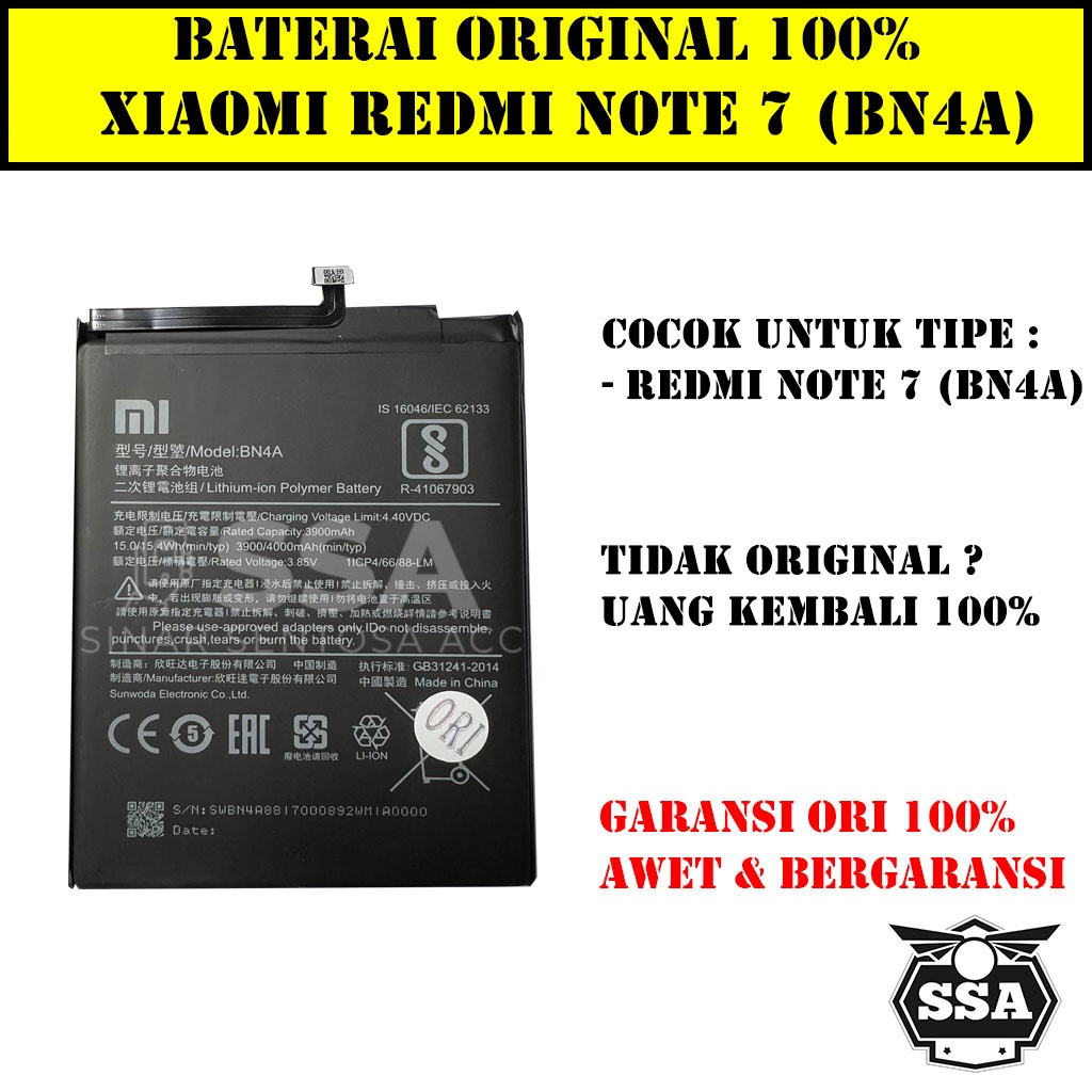 Baterai Original 100% Xiaomi Redmi Note 7 / Redmi Note 7 Pro BN4A BN 4A Batre Batrai Batrei Battery