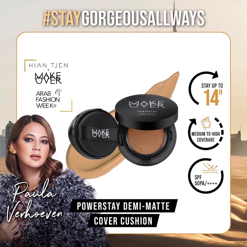 MAKE OVER Powerstay Demi-Matte Cover Cushion - Cushion matte high coverage BEST SELLER ringan oil control make up tahan lama 24 jam non-comedogenic