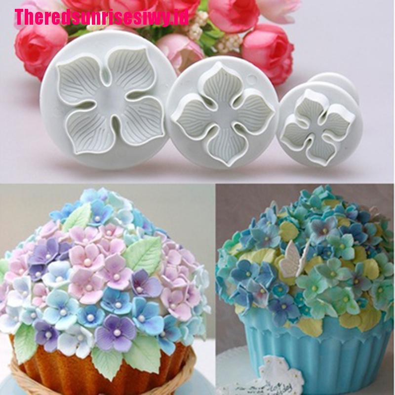 3pcs Cetakan Plunger Adonan Kue Fondant Desain Bunga Hydrangea Untuk Sugarcraft