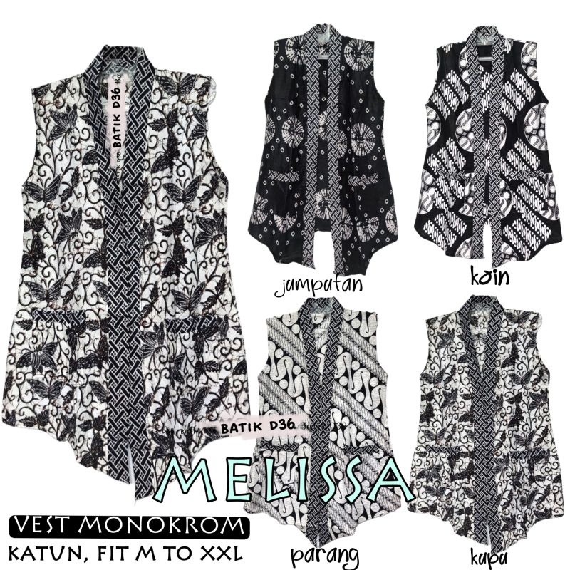 Vest Katun Monokrom Melissa Baju luaran murah tanpa lengan motif batik hitam putih wanita muslimah remaja cewek abg kerja tumpal main kekinian cantik ayu trendi modis fashion terbaru 2023