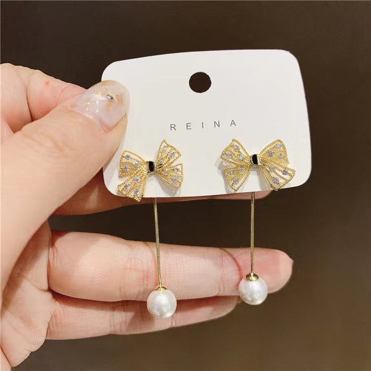 Anting Busur Berlian Berkilau Mutiara Berpohon Elegan Untuk Wanita Aksesoris Telinga Korea