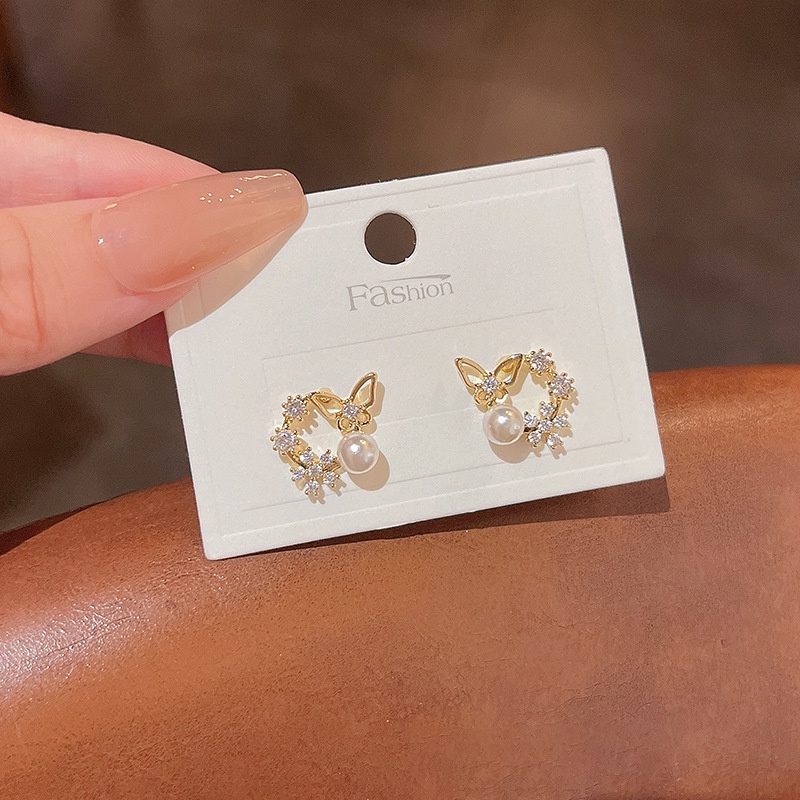 Anting Stud Desain Kupu-Kupu Aksen Mutiara Bahan 925 silver needle Zircon Untuk Wanita