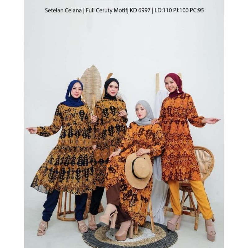 SETELAN CELANA DAN TUNIK MOTIF/PAKAIAN WANITA BUSUI/BAJU ONESET CERUTY/BUSANA SETCEL BEST SELLER