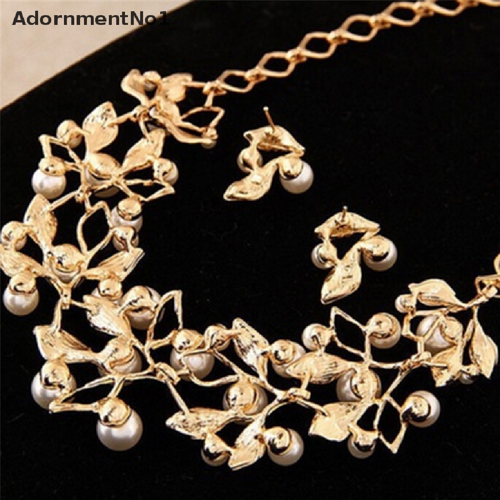 (AdornmentNo1) Set Anting Tusuk + Kalung Rantai Liontin Daun + Mutiara Imitasi Untuk Wanita