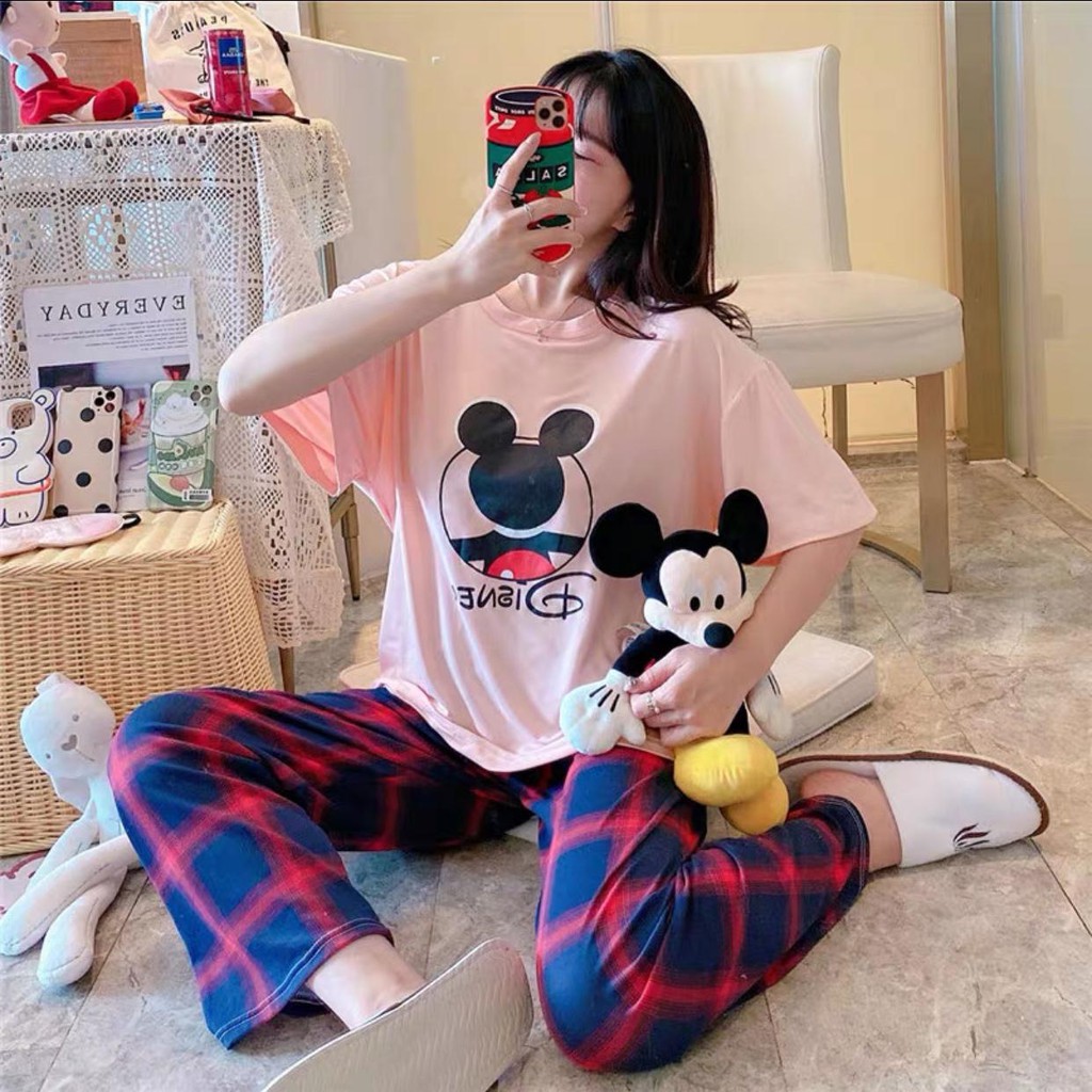 Baju Tidur Piyama Set/Piyama Wanita Import/Baju Piyama Motif Kartun/Woman Sleep Wear-P15-Pink Navy Miky