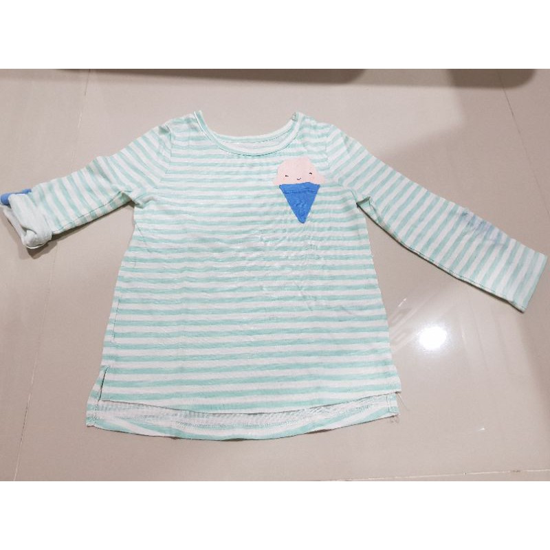 Kaos lengan panjang anak perempuan gambar ice cream, warna mint putih (preloved)