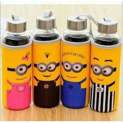 Botol Kaca Karakter Cover Kain 300ml Tempat Minum Botol Kaca MINION