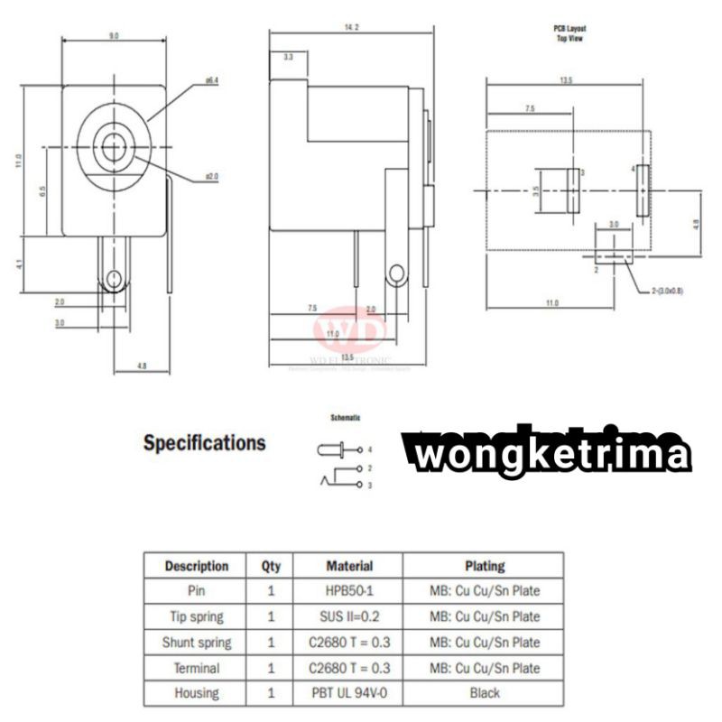 Jack dc female/cewek Jack PCB 3 kaki