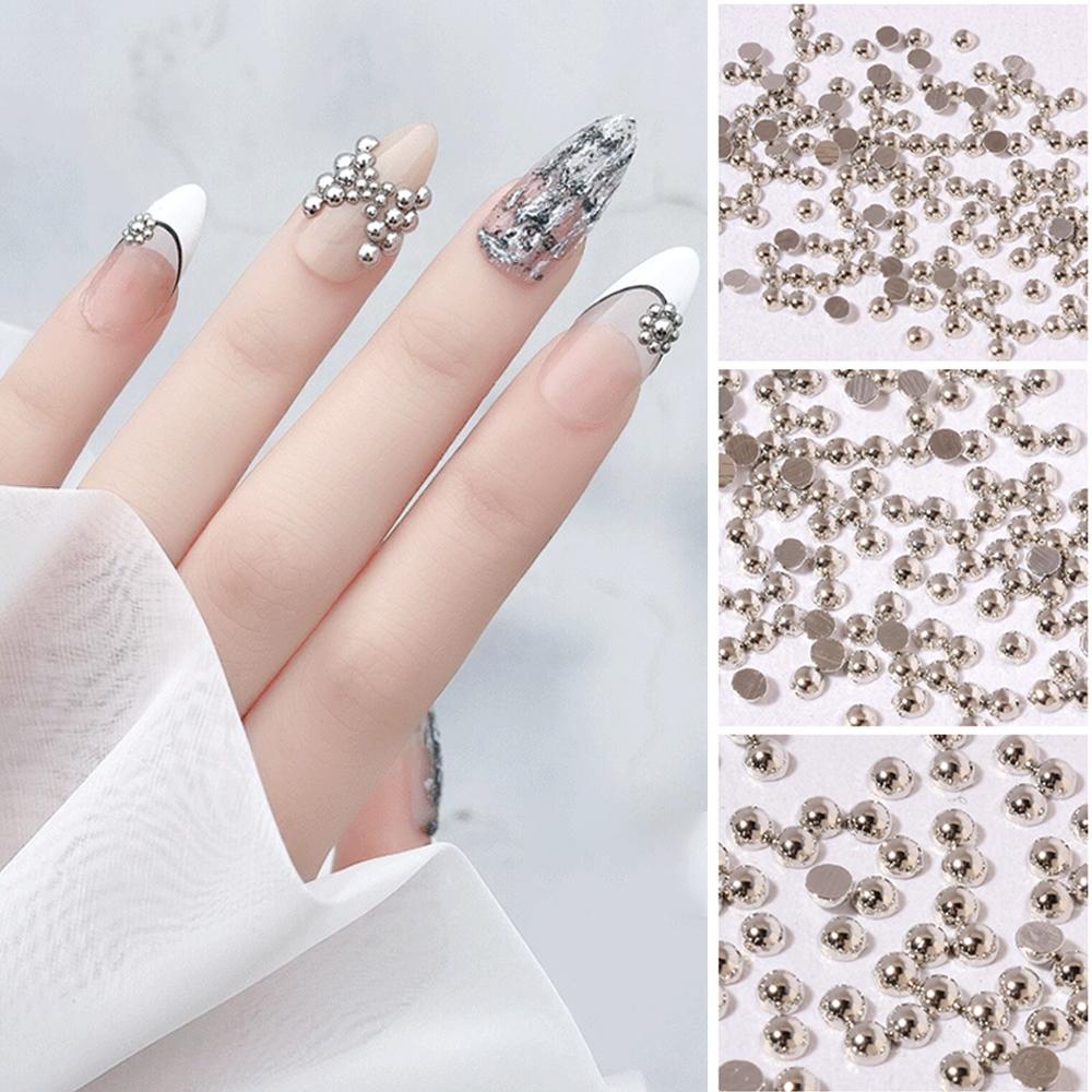 Needway   Kuku Berlian Imitasi 100 Pcs Perak Joker Paku Keling Solid Setengah Lingkaran Tamper Nail Art Dekorasi