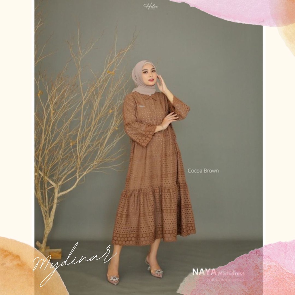 HALWA APPAREL- NAYA MIDI DRESS BORDIR LASER ADA FURING Gamis Terbaru Model Midi gamis kondangan mewa