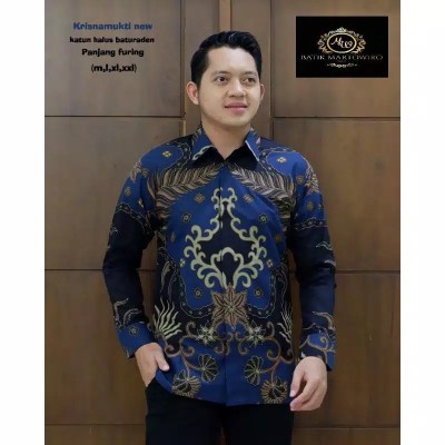 Krisno Mukti Navy Kemeja Batik Pria Lengan Panjang Full Furing Katun Halus Batu Raden