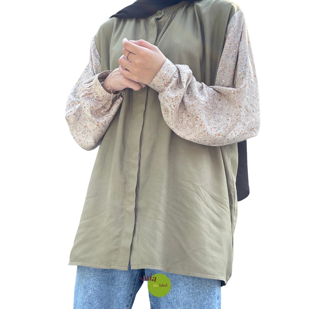 yaiathelabel | Ruli Olive Combi Shirt | Kemeja Wanita Kombinasi Motif dan Polos | Atasan Wanita | Pa
