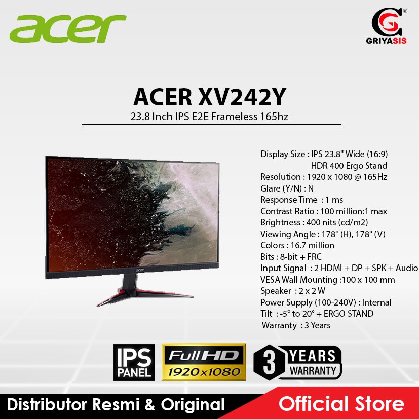 Monitor LED Acer 23.8 Inch IPS E2E Frameless 165hz XV242Y