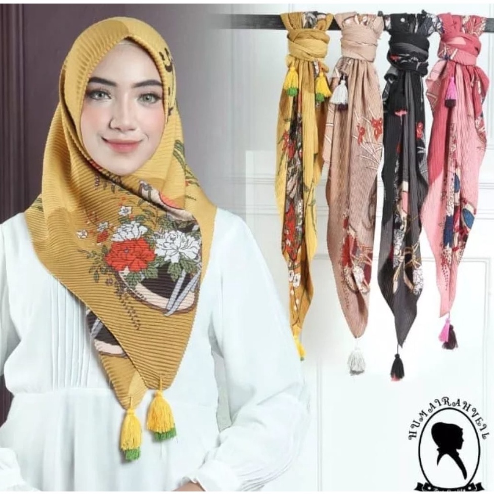 JILBAB SEGIEMPAT MOTIF BUNGA DENAY PLISKET MOTIF POM-POM/ HIJAB SEGIEMPAT PLISKET JAMBUL TASEL CANTI