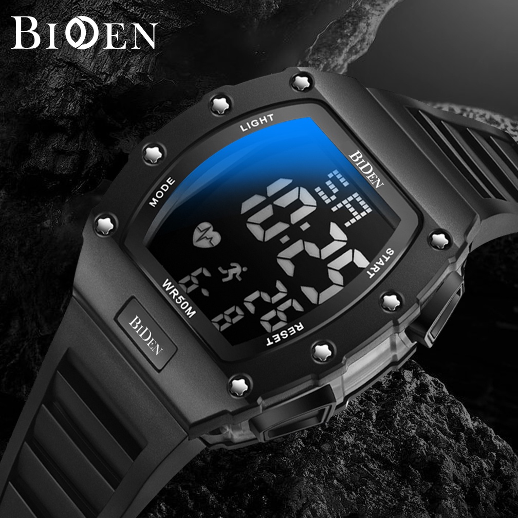 BIDEN Jam Tangan Pria Santai Olahraga Digital Tahan Air Tali Silikon Jam Tangan