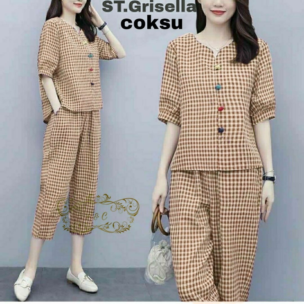 ST GRISELLA SETELAN PAKAIAN WANITA SET GRISELLA KOTAK SETELAN ATASAN DAN CELANA ONE SET KOREAN STYLE