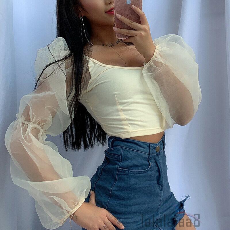 Blus Crop  Top  Wanita Square Neck Lengan  Puff Panjang  untuk 