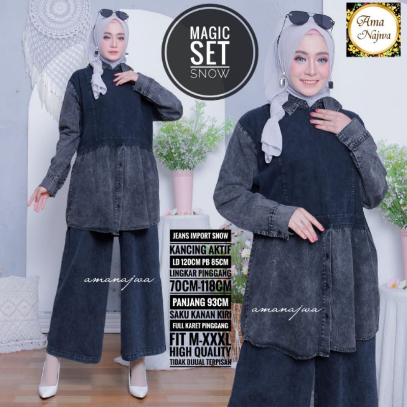 Magic One Set Setelan Celana Kulot Tunik Hitam Jeans Ld 120 Jumbo Fit XXXL Busui Kancing By Amj