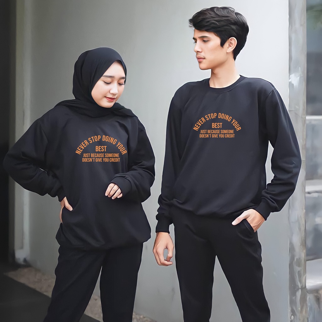 Sweater Crewneck Pria Wanita Never Stop Fleece Cotton