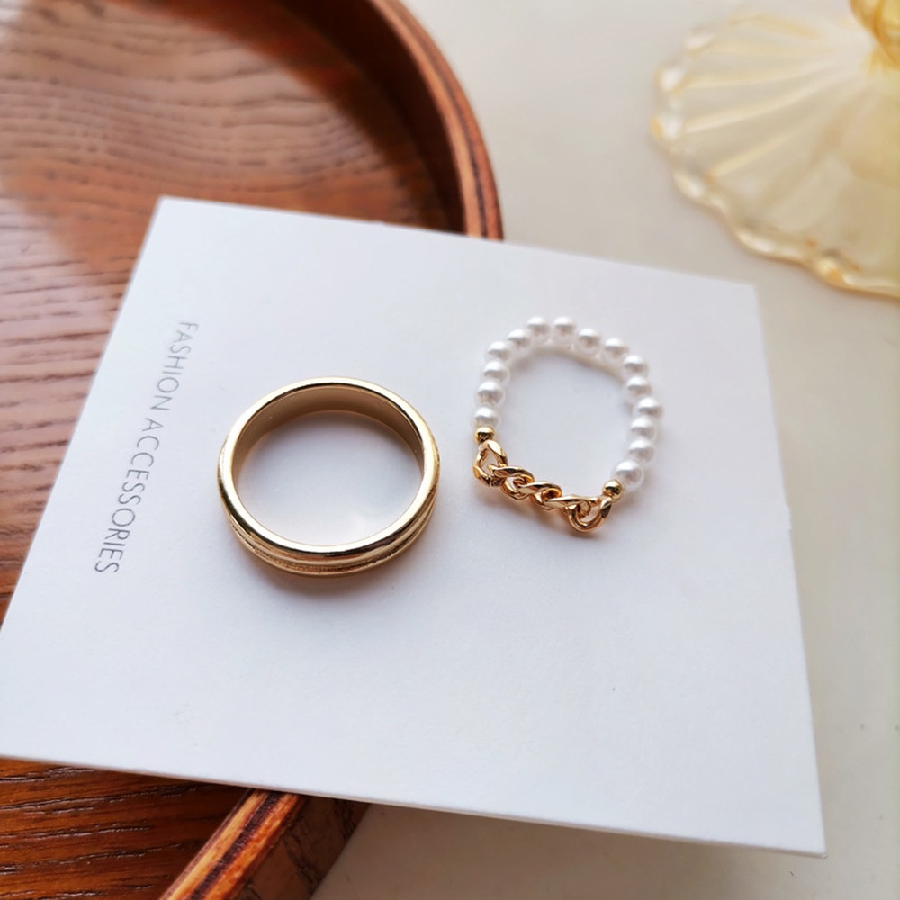 Two-piece Pearl Finger Ring Temperament Korean Rings Female Fashion Ring Plain Ring Sweet Chain