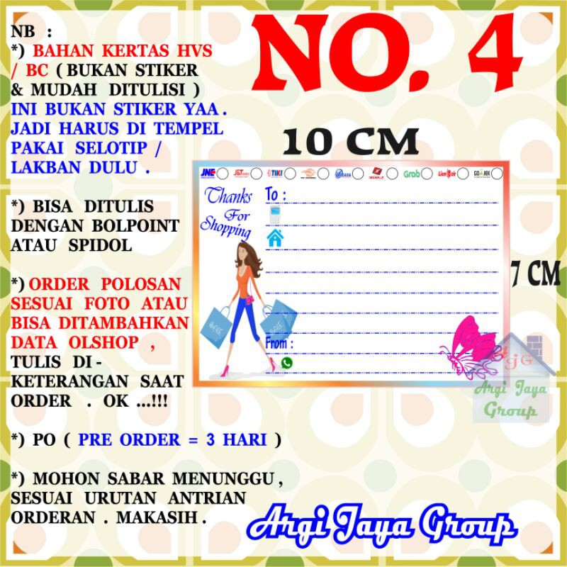 

Label Pengiriman Alamat Olshop Murah Nomer 4 - 10x7cm - Kertas BC (Manila)