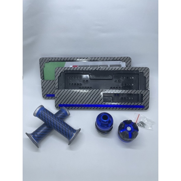 Handgrip Karbon + Jalu As Roda Depan + Cover Plat Karbon List Biru Universal