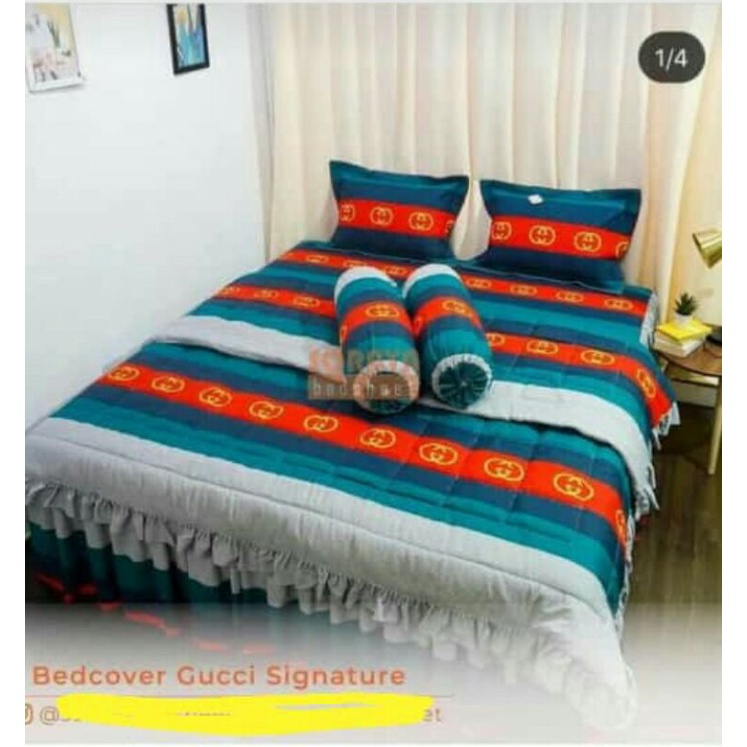 Sprei rumbai set bedcover motif GUCCI SIGNATURE Ukuran 100*200-200*200