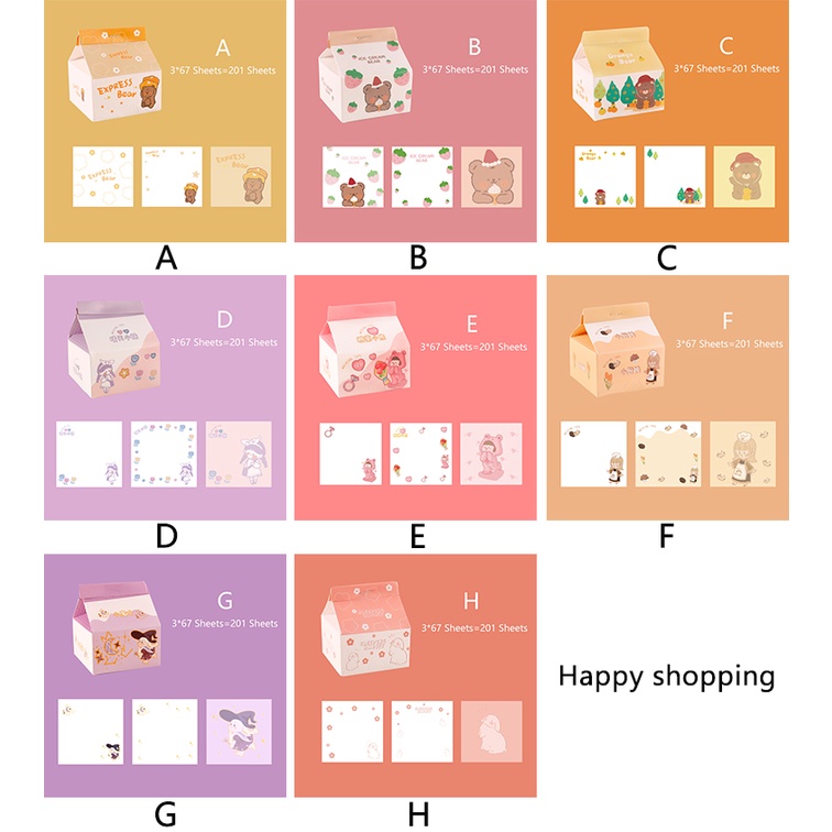 201 Sheets Korean Removable Milk Box Memo Pad Creative Cartoon Message Paper Boxed