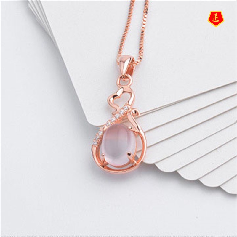 [Ready Stock]Korean Necklace Ross Quartz Pink Crystal Fashion Heart-Shaped Women's Pendant