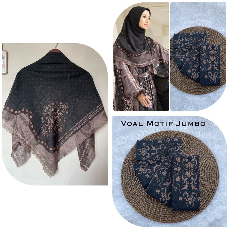 Terbaru !! Hijab Voal Syar'i Ukuran Jumbo 130×130 Motif Bella Series Kerudung Segiempat Motif Jilbab Khimar-Hitam