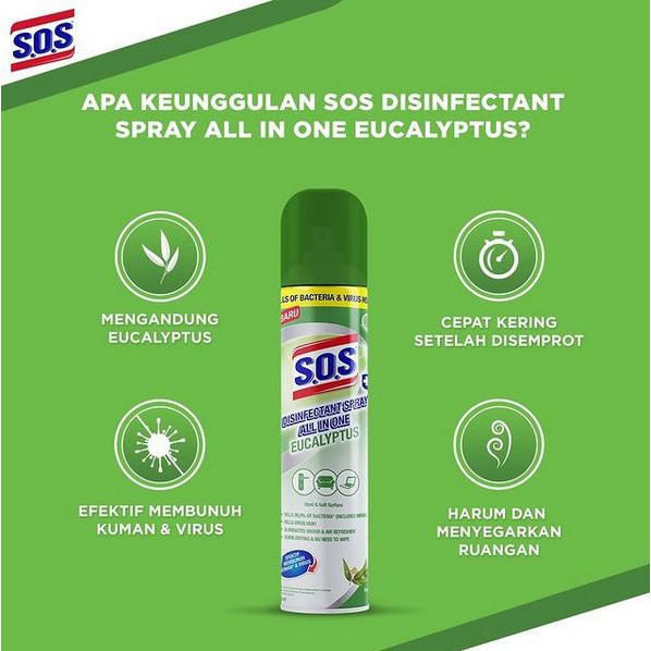 ORIGINAL SOS Disinfectant Spray 250ml Eucalyptus / SOS Desinfektan Spray All in One / HELLOMARTID