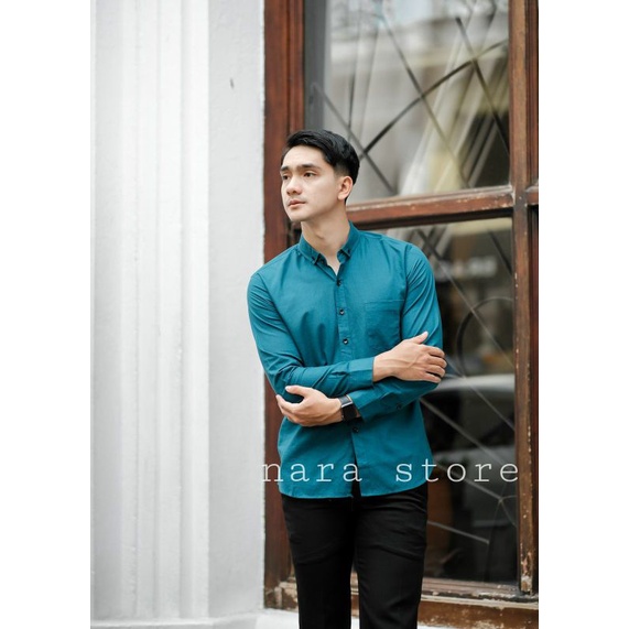 Kemeja Pria Polos Basic Lengan Panjang Premium Biru Tosca