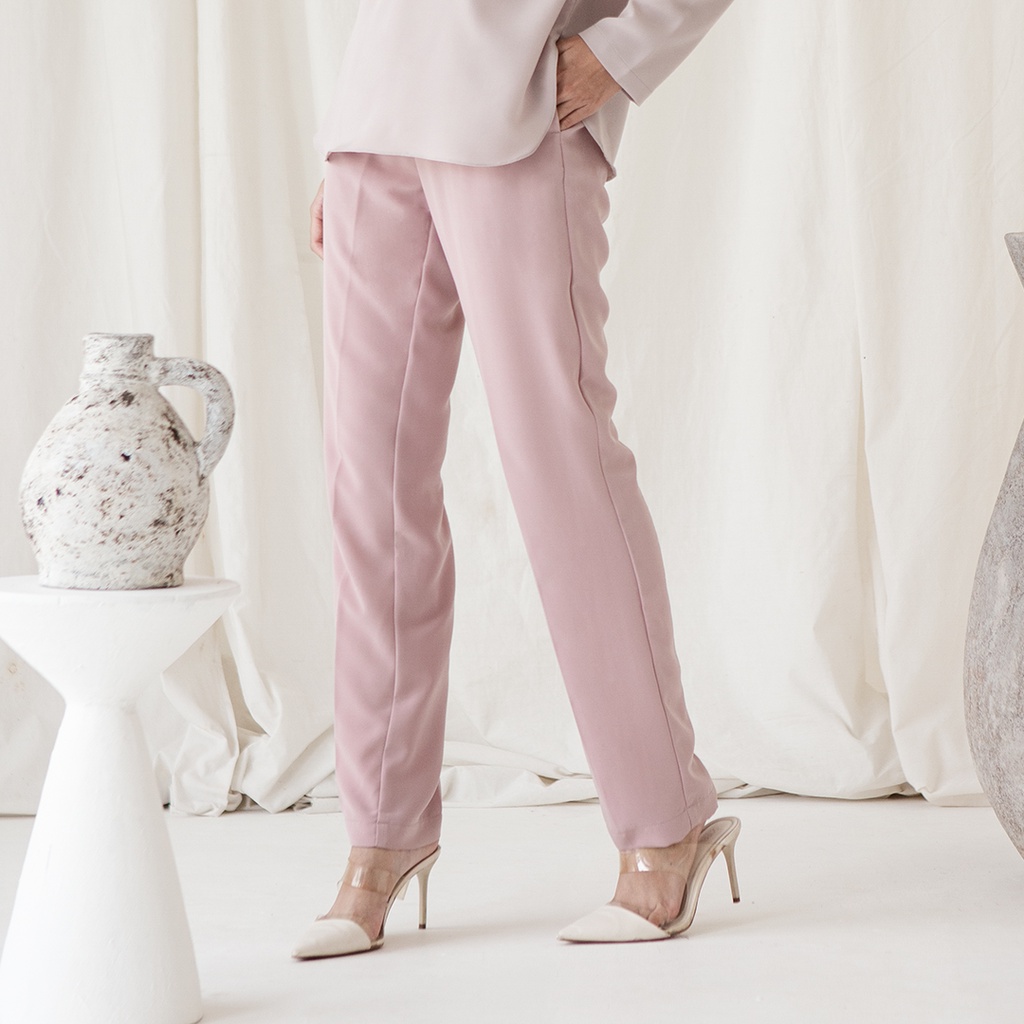 Pradnya Basic Trousers by Aska Label - Celana panjang wanita pinggang belakang karet warna Abu beige, Pink, Coklat, Hitam