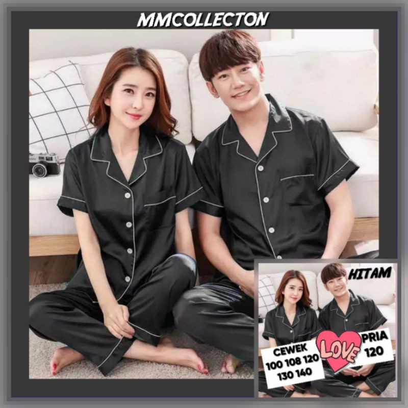 piama pasangan suami istri couple / cowok cewek Piyama baju tidur satin polos lengan pendek-2 PCS - hitam