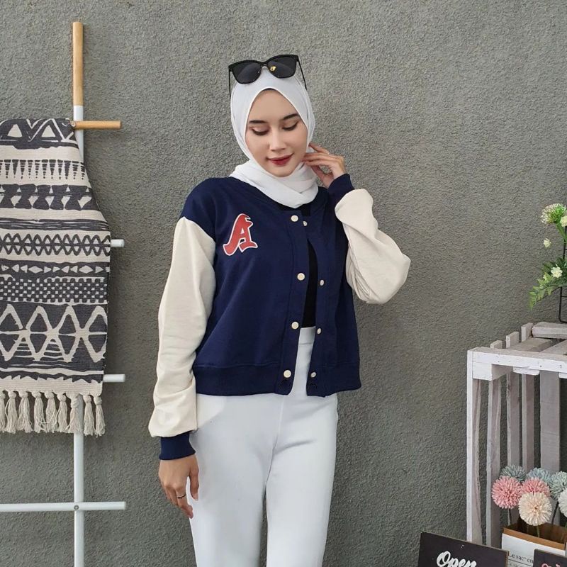 ilook | Jaket Varsity Wanita Croope A Baseball | Jaket Crop Korean Style