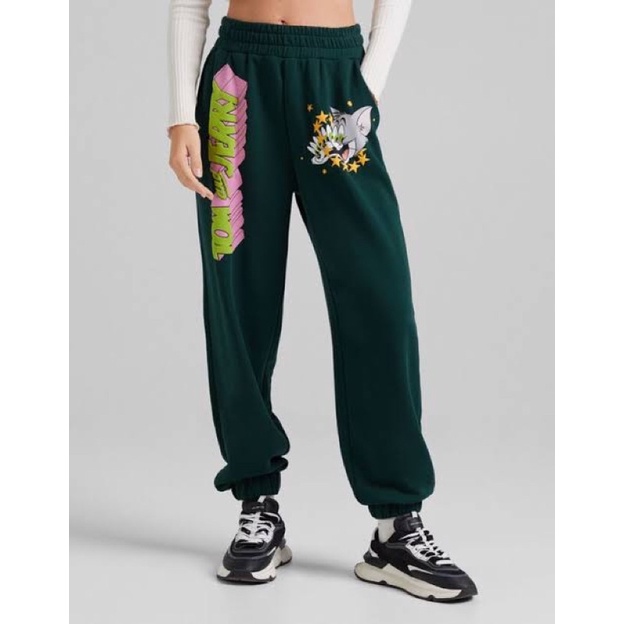 Bershka Tom and Jerry Jogger Sweatpants in Green